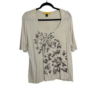 ST‎ JOHN Sequin Floral Top Cream Scoop Neck 3/4 Sleeve XL